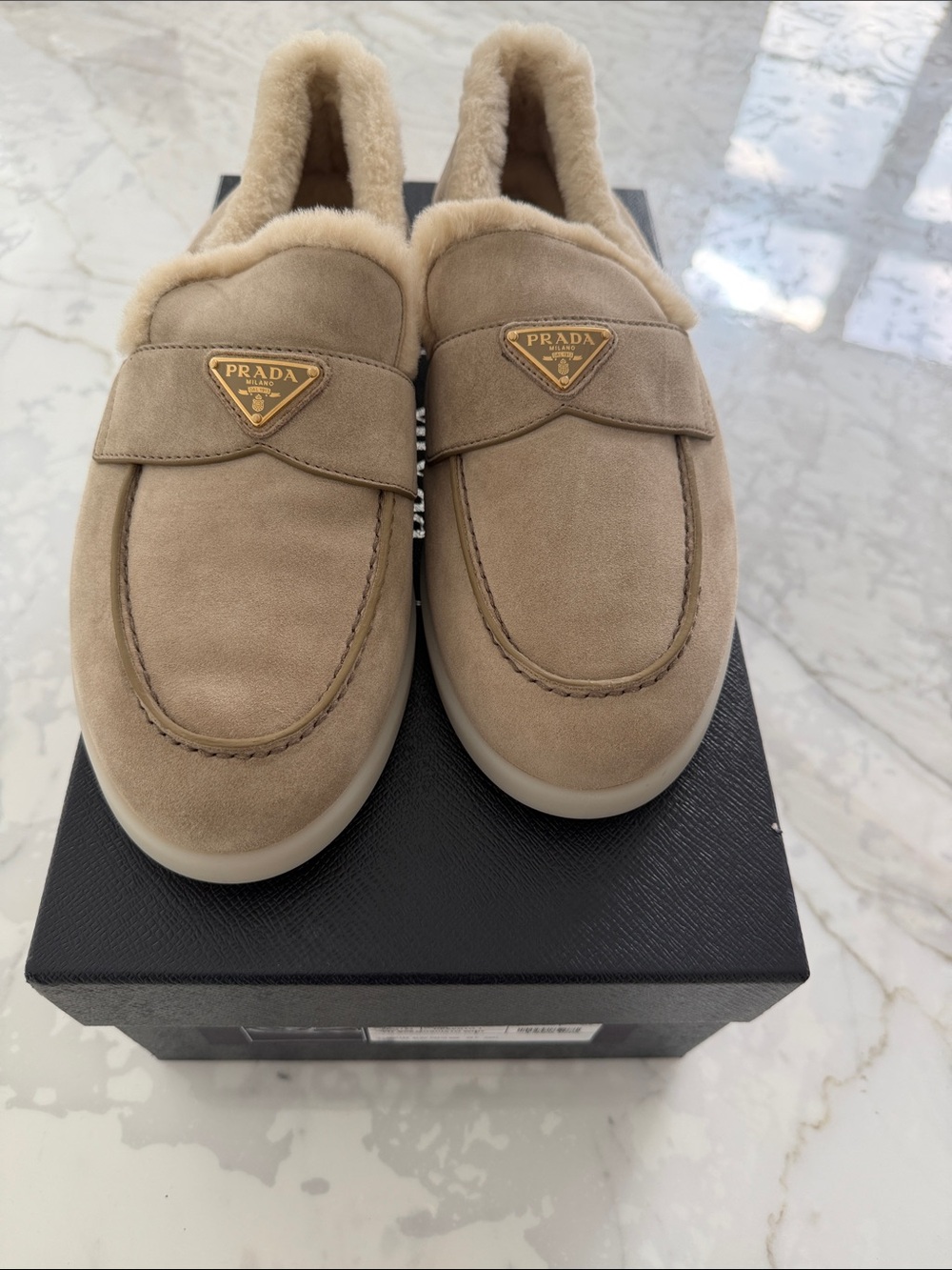 New Prada Beige Suede Shearling-Lined Slip-On Loafers Men 8.5 Women 11
